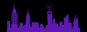 Purple city skyline on black background. Large wifi signal coming from the top of a building.